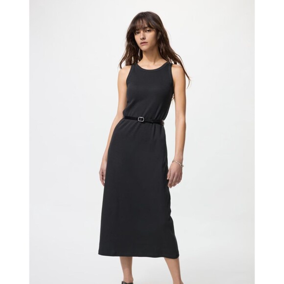 Uniqlo Dresses & Skirts - Sleeveless Black Midi Tank Dress With Built In Bra Ribbed Fabric Bodycon Size S